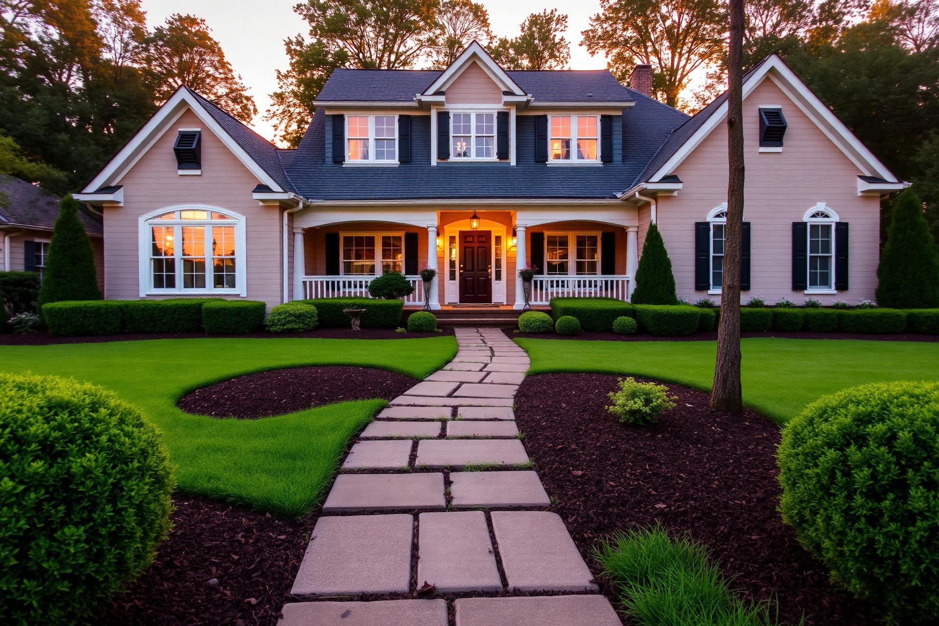 Beautifully landscaped suburban home at golden hour