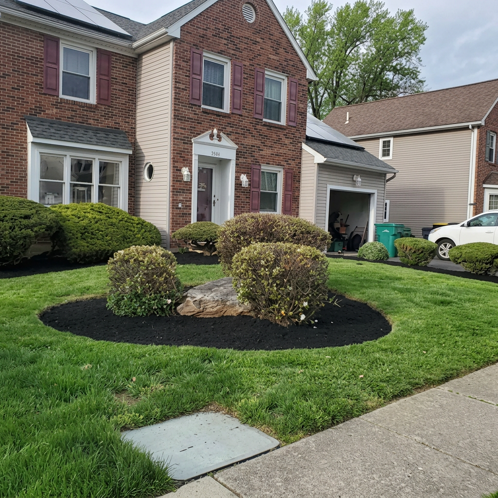 Fresh black mulch island in front of a brick home