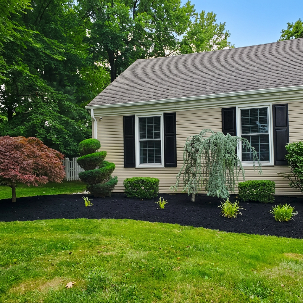 Clean mulch bed with sculpted shrubs beside a home