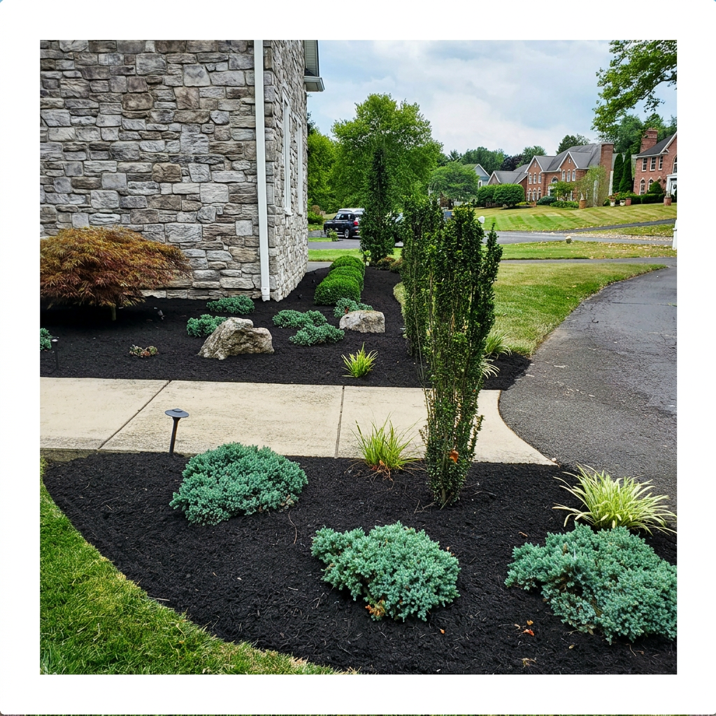 Freshly finished landscape bed with stone wall and shrubs