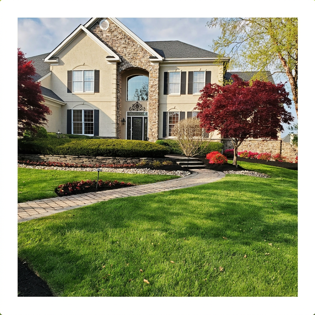 Large estate lawn with detailed front walkway landscaping